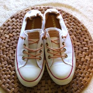 Women's Converse sneakers, size 10, white, tan leather, low riders, shoes